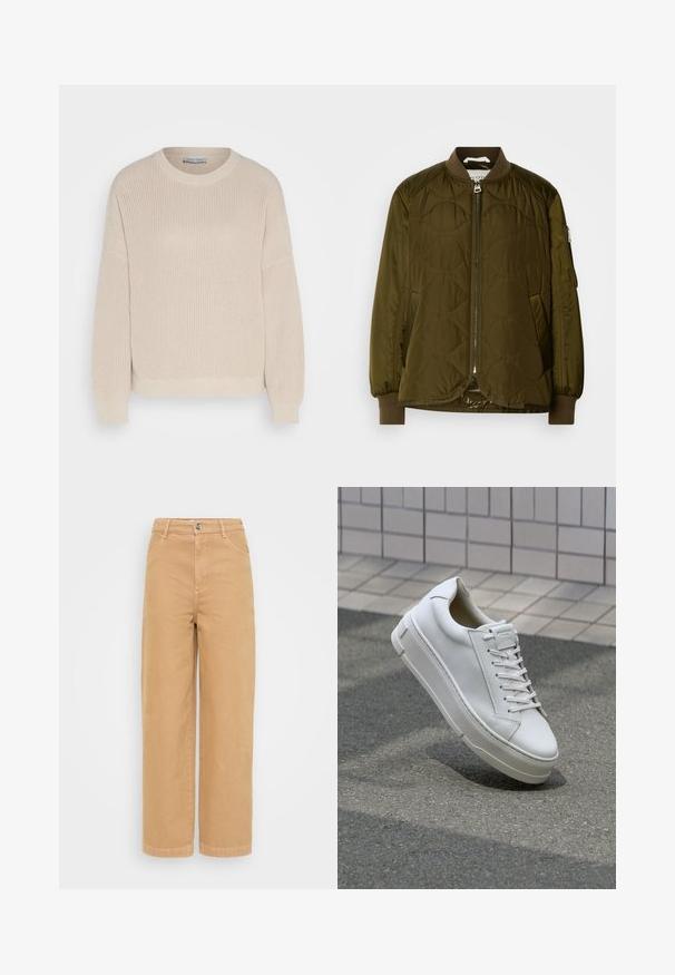 Olívovo zelená prešívaná bomber bunda so zipsom vpredu, rebrovanými manžetami a stojatým golierom. Obsahuje bočnú kapsu so zipsom.; Anna Field by Zalando Svetrík - grey; Béžové široké nohavice z bavlny s hladkou textúrou. Obsahujú predné zapínanie na gombík a dve bočné vrecká.; Biele kožené tenisky s nízkym strihom, plochými šnúrkami, zaoblenou špicou a textúrovanými stranami. Hrubá gumová podrážka s jemnými akcentmi.