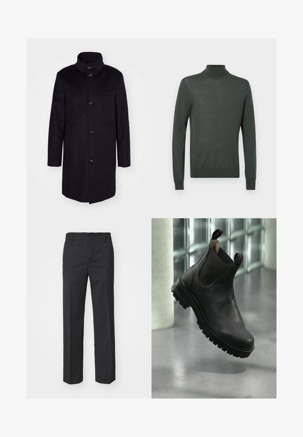 Manteau en laine bleu marine avec un col montant, design à simple boutonnage, et cinq grands boutons. Comprend deux poches latérales et une poche poitrine.; Pull à col roulé vert foncé en matière douce et légère. Il possède des manches longues et un design ajusté avec des accents côtelés aux poignets et au col.; Filippa K TROY TROUSERS - Pantalon classique - black; Bottes basses en cuir noir avec une surface texturée, des panneaux élastiques sur les côtés et une semelle en caoutchouc robuste avec des crampons prononcés.