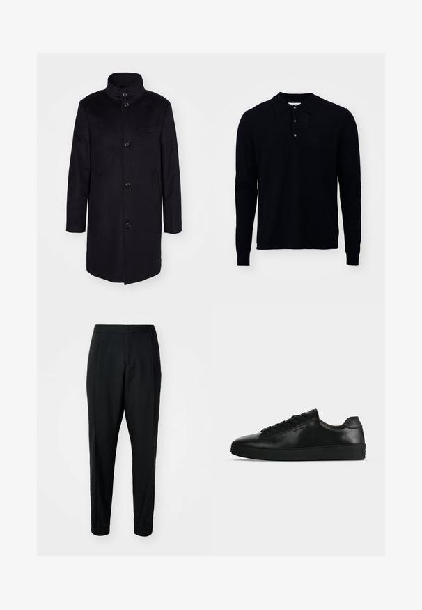 Manteau en laine bleu marine avec un col montant, design à simple boutonnage, et cinq grands boutons. Comprend deux poches latérales et une poche poitrine.; Polo à manches longues en marine foncé, fabriqué en tissu tricoté fin. Avec un col, une patte de boutonnage à trois boutons et des poignets côtelés.; Pantalons noirs fuselés en tissu lisse, avec taille élastique et poignets. Présente des plis à l'avant pour un aspect ajusté.; Basket basse en cuir noir avec lacets noirs et semelle épaisse noire, vue de profil sur fond gris clair.