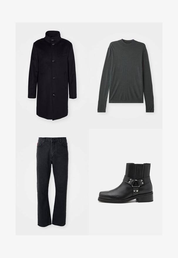Marineblå uldfrakke med højt krave, enknaps design og fem store knapper. Har to sidelommer og en brystlomme.; Mørkegrå langærmet strikket sweater med høj, ribbet krave. Blød tekstur, afslappet pasform og ingen synlige mønstre eller hardwaredetaljer.; Sorte denim jeans med lige ben-design, høj talje, knaplukning og subtile syninger langs lommerne og sømmene.; The Kooples CHAUSSURES - Cowboy- / bikerstøvlette - black