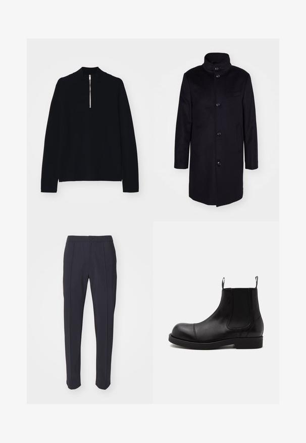 Manteau en laine bleu marine avec un col montant, design à simple boutonnage, et cinq grands boutons. Comprend deux poches latérales et une poche poitrine.; Haut noir à manches longues en matériau doux, avec un col montant et une fermeture éclair mi-haut à l'avant, d'une coupe décontractée.; Pantalons navy avec une coupe ajustée, devant plat et deux plis sur le devant. Fabriqués en tissu lisse avec une taille standard et une fermeture à bouton.; Bottine Chelsea en cuir noir à bout arrondi, panneaux latéraux élastiques, languettes à l’avant et à l’arrière, semelle plate, vue de côté sur fond blanc.