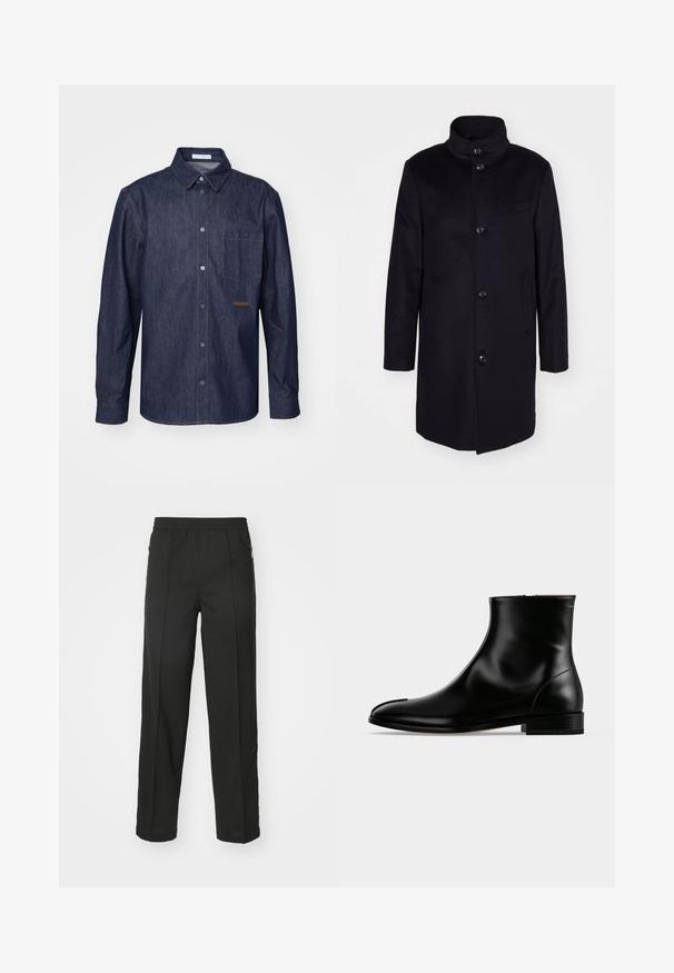 Manteau en laine bleu marine avec un col montant, design à simple boutonnage, et cinq grands boutons. Comprend deux poches latérales et une poche poitrine.; Chemise en denim foncé avec un devant boutonné, un col pointu, une poche poitrine unique et des détails de couture contrastants.; Pantalons noirs en tissu extensible, à coupe droite, avec poches zippées sur les côtés et texture lisse sans motifs visibles.; Bottine en cuir noir poli avec un petit talon et une fermeture éclair latérale, design épuré et lisse sur un fond clair uni.