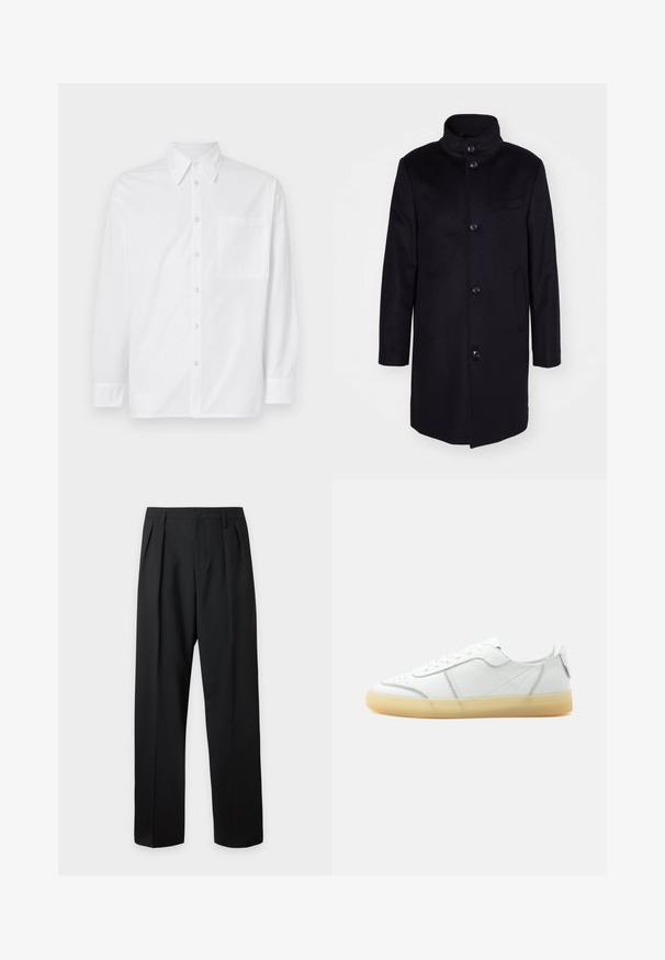 Manteau en laine bleu marine avec un col montant, design à simple boutonnage, et cinq grands boutons. Comprend deux poches latérales et une poche poitrine.; Chemise blanche à manches longues en coton. Elle possède un col classique, une fermeture à boutons sur le devant et une poche poitrine simple du côté gauche.; Pantalon noir taille haute, sur-mesure, avec passants pour ceinture, plis sur le devant, fermeture par bouton et jambes droites larges sur fond clair.; Baskets basses en cuir blanc avec semelle beige translucide, lacets à l’avant et détails de couture minimalistes, vues de côté sur un fond uni.