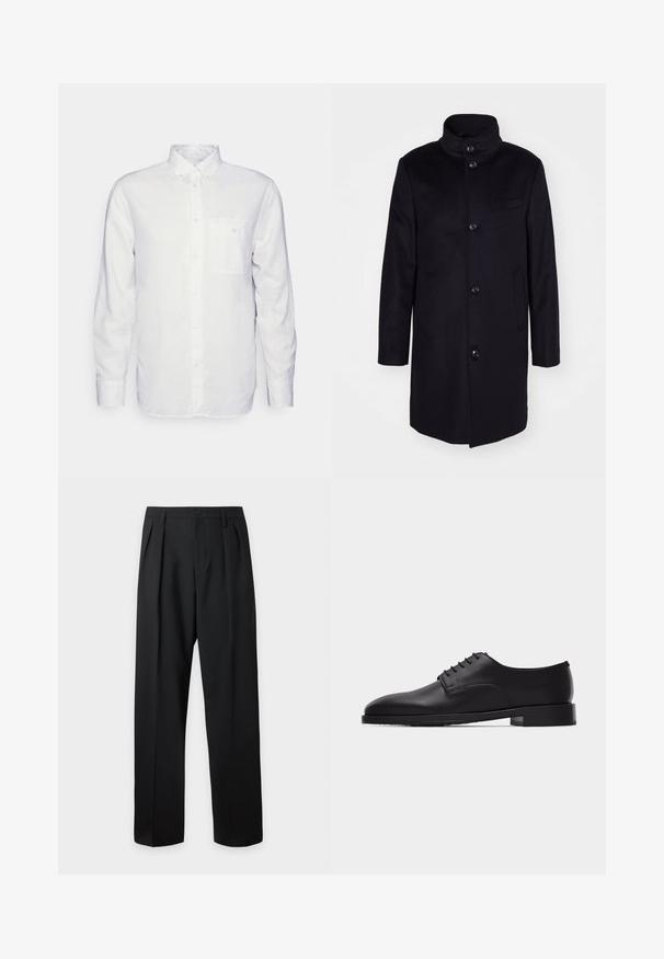 Manteau en laine bleu marine avec un col montant, design à simple boutonnage, et cinq grands boutons. Comprend deux poches latérales et une poche poitrine.; Chemise blanche à manches longues en coton, avec un col à rabat, une poche avant et une coupe régulière. Tissu texturé avec une surface lisse.; Pantalon noir taille haute, sur-mesure, avec passants pour ceinture, plis sur le devant, fermeture par bouton et jambes droites larges sur fond clair.; Chaussure Oxford en cuir noir pour hommes, avec laçage fermé et petit talon empilé, vue de profil sur fond blanc.