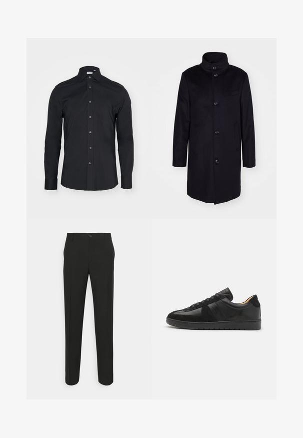 Marineblauer Wollmantel mit hohem Kragen, einreihigem Design und fünf großen Knöpfen. Verfügt über zwei Seitentaschen und eine Brusttasche.; Schwarze Langarm-Button-Up-Bluse mit klassischem Kragen. Hergestellt aus glattem Stoff, verfügt über Vorderknöpfe und abgerundete Manschetten.; Schwarze, maßgeschneiderte Hose mit geradem Schnitt, ausgestattet mit einem einzelnen Knopfverschluss und Gürtelschlaufen. Glattes, mattes Material ohne Muster.; Tiger of Sweden BELLICU - Sneaker low - black