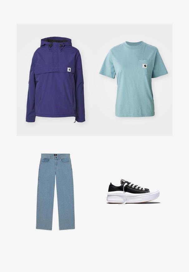 Chaqueta morada con capucha y diseño de media cremallera, bolsillo frontal y puños elásticos. Fabricada con material ligero y resistente al agua.; Camiseta de algodón de manga corta color azul claro con bolsillo en el pecho que presenta un pequeño parche del logotipo en blanco y negro de Carhartt.; Vaqueros azul claro, corte holgado, tejido de denim, diseño de cinco bolsillos, cierre de botón, perneras rectas, costuras visibles, sin patrones ni acentos.; Zapatilla negra baja de lona con cordones blancos y suela gruesa de goma blanca de varias capas sobre un fondo blanco.