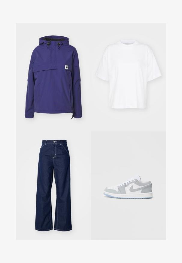 Chaqueta morada con capucha y diseño de media cremallera, bolsillo frontal y puños elásticos. Fabricada con material ligero y resistente al agua.; Camiseta de algodón blanca con cuello redondo, mangas cortas y un corte relajado. Presenta un logo sutil en el área del pecho izquierdo. Textura suave.; Jeans de pierna ancha en denim azul oscuro, con una cintura alta, costuras blancas en contraste y diseño tradicional de cinco bolsillos.; Zapatillas Nike que presentan una combinación de piel gris y blanca, puntera perforada, cordones y una suela exterior azul claro con detalles del logo.