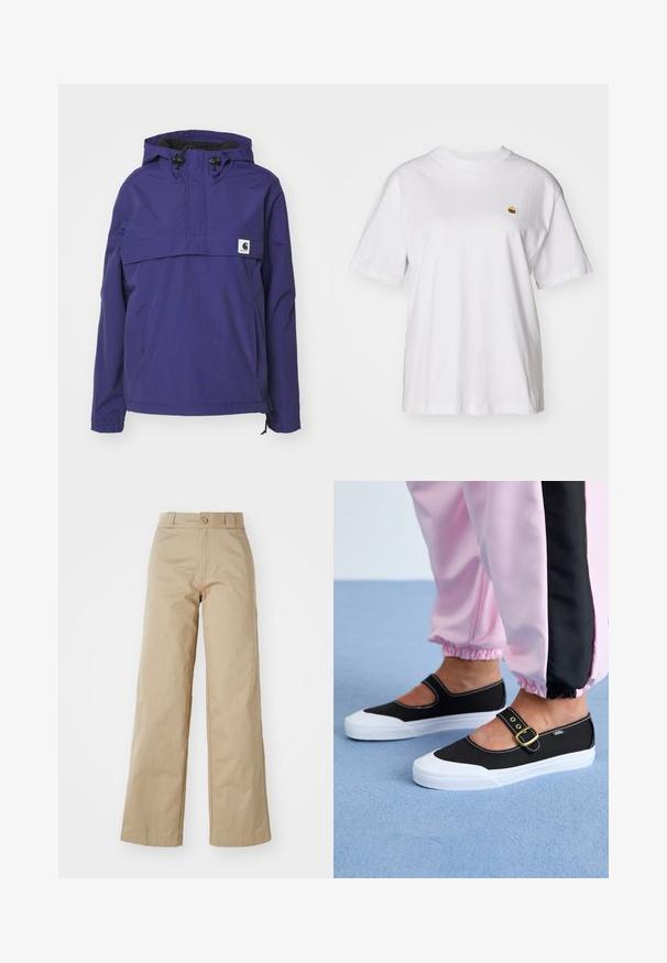 Chaqueta morada con capucha y diseño de media cremallera, bolsillo frontal y puños elásticos. Fabricada con material ligero y resistente al agua.; Camisa de algodón blanca con corte relajado, mangas cortas y un pequeño logotipo bordado en el área del pecho izquierdo.; Pantalones de pierna ancha beige hechos de algodón, con cierre de botón y lazadas para cinturón, con una textura suave y un acabado limpio.; Zapatillas de lona negras con suela blanca, con un diseño recortado y una correa con hebilla dorada. Combinadas con pantalones de chándal rosas.