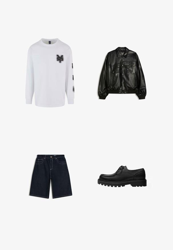 Veste aviateur en cuir noir avec boutons-pression, poignets et ourlet côtelés, poches avant, et motif abstrait embossé ainsi que texte sur la poitrine.; T-shirt à manches longues blanc en coton, avec des graphiques style peinture en spray noire sur la poitrine gauche et la manche. Design classique à col rond.; Shorts en jean bleu foncé longueur genou avec poches avant, coutures blanches, passants pour ceinture et fermeture par bouton métal à la taille.; Chaussure noire en cuir à lacets avec une semelle épaisse et robuste et des coutures détaillées sur la tige, conçue pour un usage formel ou décontracté.