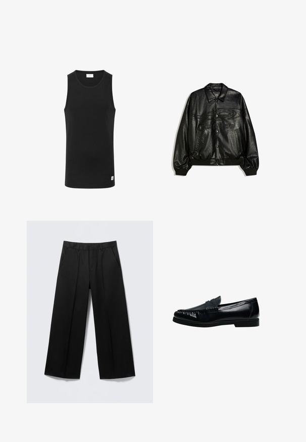 Zwarte leren bomberjack met drukknopen, geribbelde manchetten en zoom, voorzakken en een geperst abstract ontwerp en tekst op de borst.; Zwarte mouwloze tanktop van ribstof, met een ronde halslijn en een klein logolabel aan de zoom. Eenvoudig, getailleerd ontwerp.; Zwarte broek met brede pijpen, voorzien van lussen voor een ceintuur, steekzakken aan de voorkant en een ritssluiting, getoond op een lichtgrijze achtergrond.; Zwarte leren heren penny loafer met gestikte moc toe en lage hak, zijaanzicht op witte achtergrond.