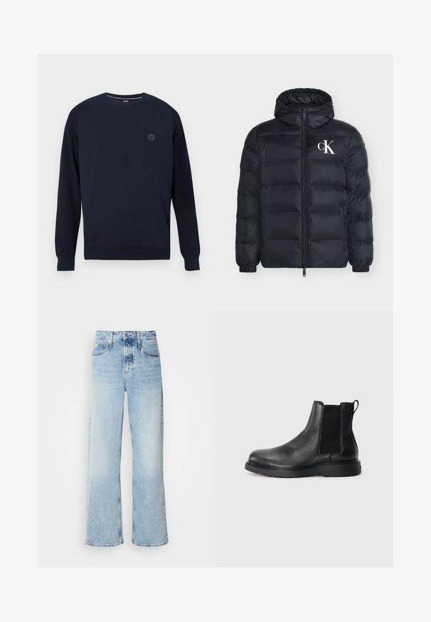 Schwarze Steppjacke mit Kapuze, Frontreißverschluss, elastischen Bündchen, seitlichen Reißverschlusstaschen und weißem CK-Logo auf der linken Brust.; Marineblaues Rundhals-Pullover aus Strickstoff mit gerippten Ärmelbündchen und Saum. Ein rundes Logo befindet sich auf der Brust.; Helle blaue weite Jeans mit hoher Taille, in verwaschenem Finish, mit Gürtelschlaufen und klassischem Fünf-Taschen-Design. Der Saum ist ungesäumt.; Schwarze Leder-Chelsea-Boots mit strukturiertem Finish, elastischen seitlichen Einsätzen und einer robusten Gummisohle. Dezentes Branding an der Ferse.