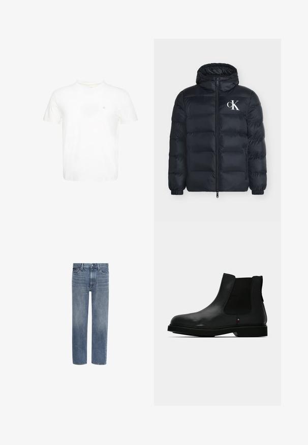 Chaqueta negra acolchada con capucha, cremallera frontal, puños elásticos, bolsillos laterales con cremallera y logo blanco de CK en el pecho izquierdo.; Camiseta blanca de manga corta con cuello redondo y pequeño logo "ck" bordado en el pecho izquierdo.; Vaqueros de denim azul con pierna recta, bolsillos delanteros, trabillas para cinturón y cierre de botón.; Botín Chelsea de cuero negro con paneles laterales elásticos, puntera redonda y parte superior texturizada. Cuenta con una suela de goma plana y un detalle sutil de marca.