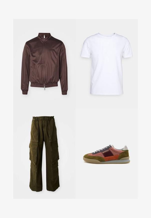 Veste aviateur marron en tissu brillant avec un col montant, fermeture éclair à l'avant, poignets élastiques et ceinture élastique. Présente un branding minimaliste sur la poitrine.; T-shirt blanc à manches courtes en tissu de coton avec un col rond. Design simple sans motifs ni accents. Texture lisse.; Pantalons cargo en vert olive foncé, fabriqués en coton texturé. Dotés d'une taille élastique, de plusieurs poches latérales et d'une coupe ample.; PS Paul Smith DOVER - Baskets basses - pink