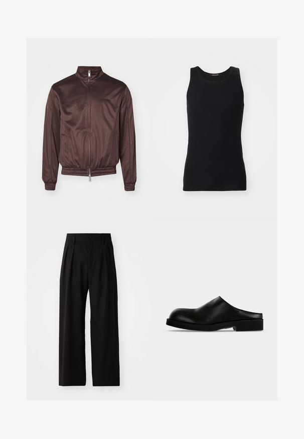 Veste aviateur marron en tissu brillant avec un col montant, fermeture éclair à l'avant, poignets élastiques et ceinture élastique. Présente un branding minimaliste sur la poitrine.; Débardeur noir en matériau lisse et extensible. Doté d'un col rond et sans manches, avec une coupe ajustée et un design simple.; Pantalons larges noirs avec une texture lisse, dotés de deux plis avant, d'une fermeture à bouton et de poches latérales. Tissu durable.; Mule en cuir noir à enfiler avec bout arrondi et petit talon carré sur un fond clair uni.