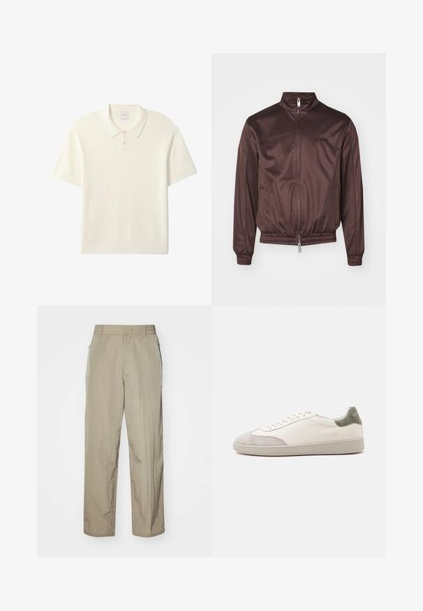 Veste aviateur marron en tissu brillant avec un col montant, fermeture éclair à l'avant, poignets élastiques et ceinture élastique. Présente un branding minimaliste sur la poitrine.; Polo blanc à manches courtes en maille côtelée avec deux boutons et col plat, posé à plat sur fond blanc.; Pantalons légers beiges à coupe décontractée, dotés d'une taille élastique et de poches latérales. Le tissu semble texturé et légèrement froissé.; Baskets basses blanches avec accents en daim gris clair sur le bout et le talon, lacets blancs et semelle beige plate, vues de côté extérieur.