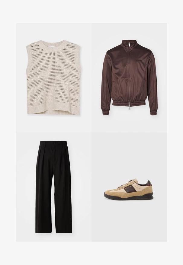 Chaqueta bomber marrón hecha de un tejido brillante con un cuello alto, cremallera delantera, puños elásticos y cinturilla. Presenta un logo minimalista en el pecho.; Top sin mangas de punto en beige claro con patrón de tejido abierto, cuello redondo y ribete acanalado. Textura suave; diseño casual adecuado para superponer.; Pantalones de pierna ancha negros con una textura suave, que cuentan con dos pliegues frontales, cierre de botón y bolsillos laterales. Tejido duradero.; Zapatilla de ante beige con un panel marrón texturizado, talón marrón contrastante y cordones multicolor. Cuenta con una suela de goma negra y una marca dorada.