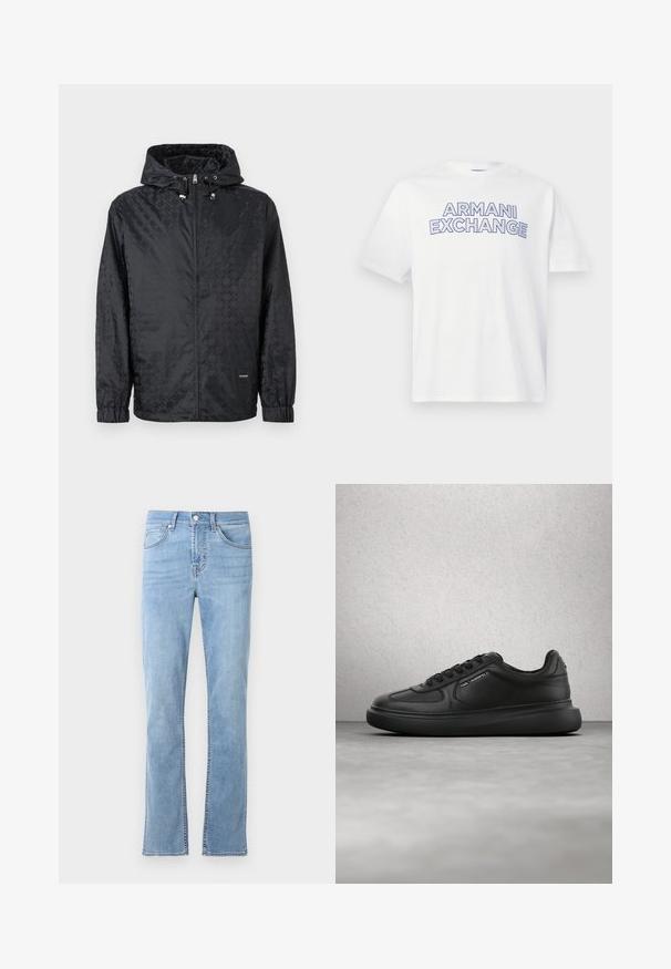 Sort hættetrøje med diskret ternet mønster, lynlås foran, elastiske manchetter og justerbare snore i hætten.; Hvid T-shirt med korte ærmer og "ARMANI EXCHANGE" i markante blå konturerede bogstaver hen over brystet.; Lysblå, lige ben jeans lavet af bomuldsdenim. Har fem lommer, lukning med knap foran og subtile syninger.; Sort læder-sneaker med snøreringe, "Karl Lagerfeld"-branding på tungen og siden, vist foran en moderne glasstensvæg og betongulv.