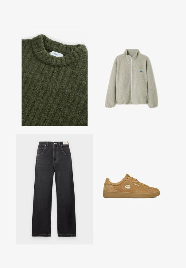Lys grå fuzzy fleecejakke med høj krave, fuld lynlås og logo-patch. Har elastiske manchetter og sidelommer. Blød tekstur.; Grøn strikket sweater med høj hals, struktureret overflade og subtile lodrette ribber. Har et syet mærke ved halsudskæringen.; Sorte jeans med vide ben lavet af denim, med fem lommer, kontrasterende hvide syninger og knaplukning i taljen.; Lysebrun ruskind lavtop sneaker med gummisål, snørelukning foran og hvidt G-Star-logo på siden og tungen.