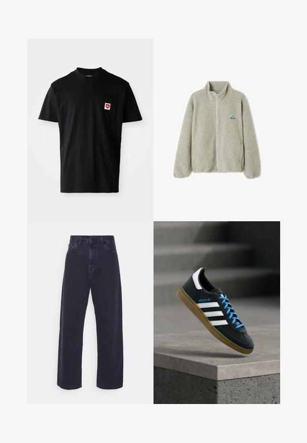 Lys grå fuzzy fleecejakke med høj krave, fuld lynlås og logo-patch. Har elastiske manchetter og sidelommer. Blød tekstur.; Sort bomulds t-shirt med rund halsudskæring, korte ærmer og en venstre brystlomme med et rødt hjertepude og hvid tekst.; Mørk vaske denim jeans med en bred ben silhuet, høj talje og fem-lomme design. Har en klassisk knap- og lynlåslukning.; Sort Adidas sneaker med hvide striber, blå snørebånd og gummisål, der svæver over gråt betontrin i blødt lys.