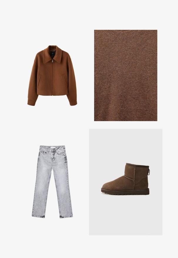 Veste zippée en laine marron avec large col et deux poches fendues sur le devant, coupe décontractée et manches longues.; Pull marron en laine tricotée avec encolure ras du cou côtelée et tissu à texture douce.; Jean en denim gris avec une coupe droite, des détails déchirés, cinq poches et des rivets en cuivre. La ceinture présente une étiquette de logo.; UGG CLASSIC MINI II - Bottes de neige - dusted cocoa
