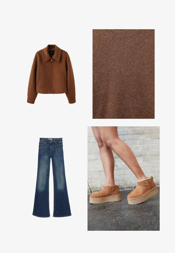 Veste zippée en laine marron avec large col et deux poches fendues sur le devant, coupe décontractée et manches longues.; Pull marron en laine tricotée avec encolure ras du cou côtelée et tissu à texture douce.; Jean en denim bleu foncé taille haute avec jambes évasées larges et zones décolorées sur les cuisses et le bas des jambes.; Bottines en suède marron avec une doublure en peluche, semelle épaisse en beige et une poignée à l'arrière. Surface texturée avec des détails de couture visibles.