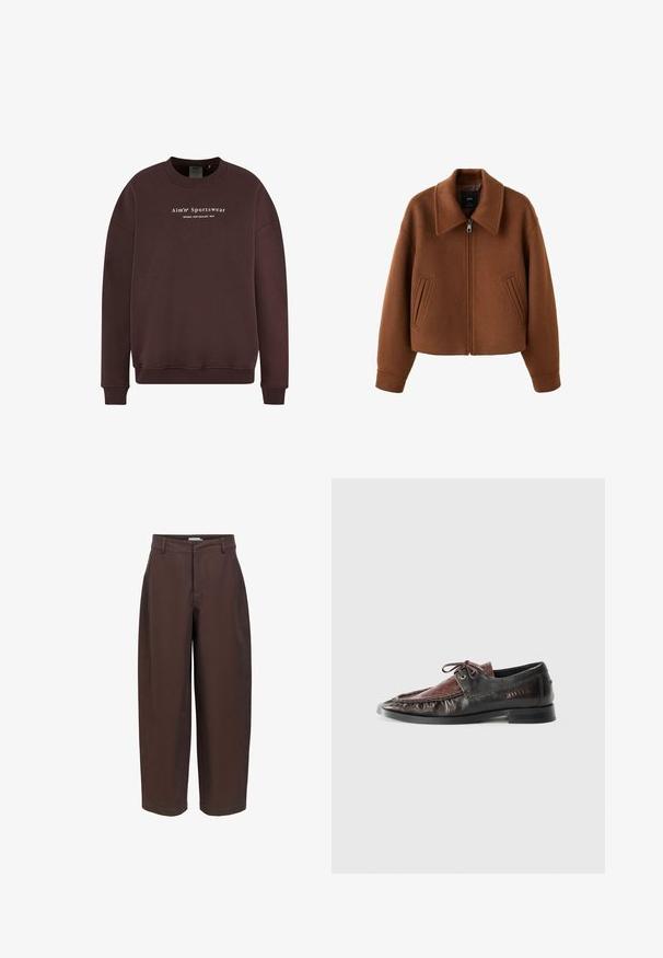 Brun uldjakke med lynlås, bred krave og to forlommer med slidser, afslappet pasform og lange ærmer.; Brun sweatshirt med rund halsudskæring, lange ærmer og ribstrikkede manchetter. Teksten på frontlogoet læser "Aim'n Sportswear Sweden New Zealand 2013."; Mørkebrune bukser med lige ben, bæltestropper, foran lynlås og klassisk skræddersyet pasform.; Brune lædersko med en quiltet øverste del, snørebånd og en sort gummisål. Rund tå med samlet detalje langs kanten.