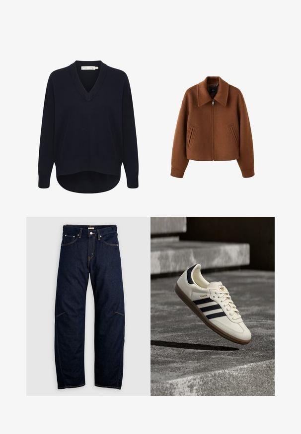 Chaqueta de lana marrón con cremallera, cuello ancho y dos bolsillos delanteros tipo ranura, corte holgado y mangas largas.; Jersey de cuello en V azul marino con mangas largas, un corte relajado y un dobladillo curvado. Elaborado con una suave tela texturizada, presenta etiquetas mínimas.; Pantalones vaqueros de mezclilla azul oscuro con corte de pierna recta, que presentan bolsillos delanteros y traseros, y costuras amarillas contrastantes. Sin adornos visibles.; Zapatilla blanca Adidas Samba con franjas negras y suela de goma, flotando sobre escalones de hormigón gris texturizado.