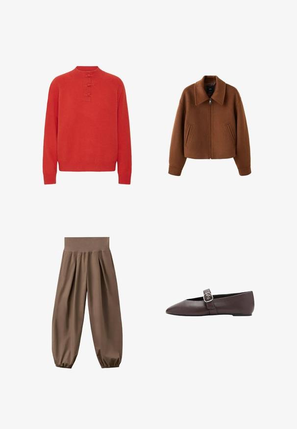 Ruskea villainen vetoketjullinen takki, jossa leveä kaulus ja kaksi etutaskua, rento istuvuus ja pitkät hihat.; ICHI IHDASILA LONG SLEEVE - Neule - fiery red; Ruskeat korkeavyötäröiset väljät housut, joissa on kerätyt kuminauhakuosit ja etupuolen laskokset, esillä valkoisella taustalla.; Ruskea kärjestä terävä tasapohjainen kenkä, jossa on hopeanvärinen solkikiinnitys jalan päällä, sileä nahkapinta ja matala korko.