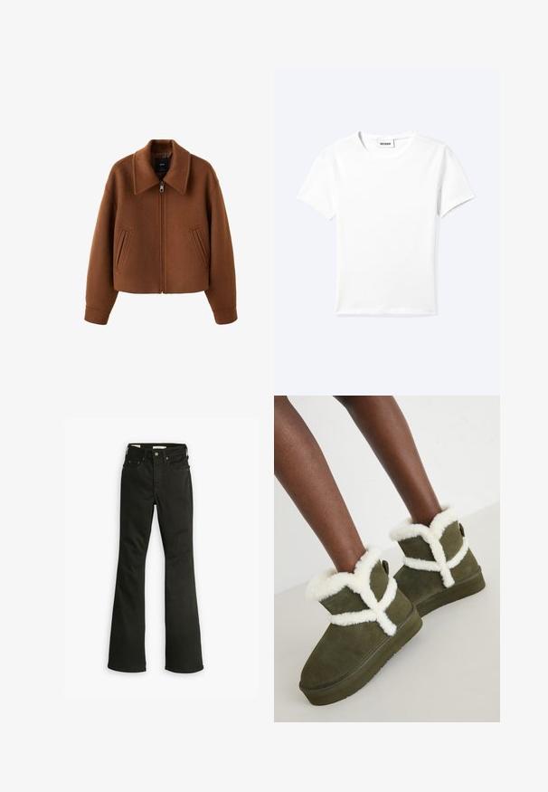 Bruine wollen jas met ritssluiting, brede kraag en twee voorzakken met verticale opening, losse pasvorm en lange mouwen.; Effen wit T-shirt met korte mouwen en ronde hals met een klein "WEEKDAY" label aan de binnenkant van de hals, plat neergelegd op een lichte achtergrond.; Zwarte flare jeans van denim. Beschikt over een klassiek vijf-pocket ontwerp met een ritssluiting, stevige stiksels en een schone zoom.; Groene suede enkellaarsjes met witte nepbontafwerking, met een kruisontwerp, platte rubberen zool en een trekband aan de achterkant voor gemakkelijk aan- en uittrekken.