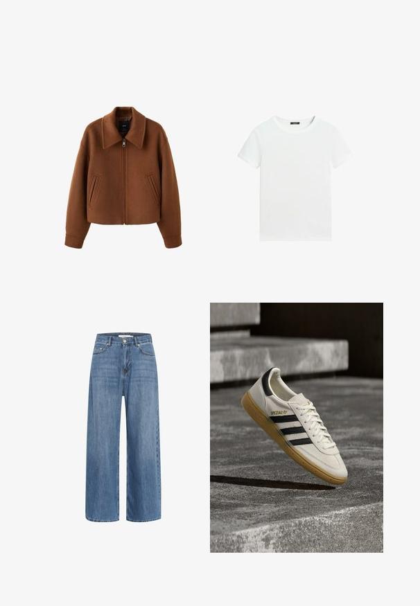 Brun uldjakke med lynlås, bred krave og to forlommer med slidser, afslappet pasform og lange ærmer.; Almindelig hvid T-shirt med korte ærmer, rund halsudskæring og lille sort label inden i kraven.; Blå denim bredbenede jeans med høj talje, to forlommer og subtil trækfarve. Har kontrastsyning og en klassisk knaplukning.; Hvid Adidas Spezial sneaker med sorte striber og gummisål, svævende over grå stentrin udendørs.