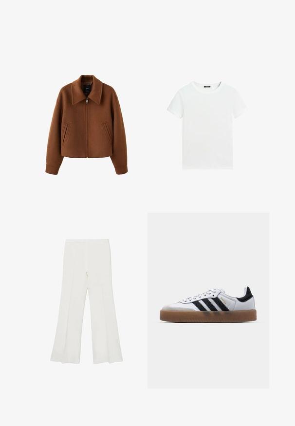 Brun uldjakke med lynlås, bred krave og to forlommer med slidser, afslappet pasform og lange ærmer.; Almindelig hvid T-shirt med korte ærmer, rund halsudskæring og lille sort label inden i kraven.; Hvide flagrende bukser med en glat tekstur og rene linjer, udstyret med en mellemhøj talje og uden synligt hardware eller mønstre.; Hvide lædersneakers med sorte striber, gummirubber sål, rund tå, snørelukning og blød grå ruskinds tåhætte.