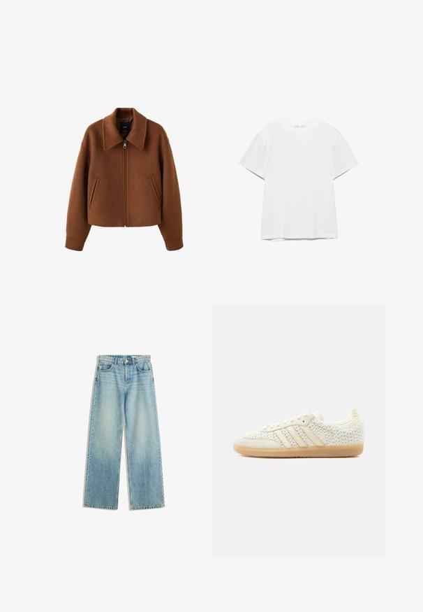 Veste zippée en laine marron avec large col et deux poches fendues sur le devant, coupe décontractée et manches longues.; T-shirt blanc uni à manches courtes et col rond, avec un ourlet droit, présenté sur un fond blanc.; Jean denim bleu clair avec une coupe évasée, taille mi-haute, style à cinq poches, coutures contrastantes et décoloration minimale pour un look classique.; Baskets basses blanches avec tissu tissé texturé, bandes en cuir beige et semelle en caoutchouc gomme, vues de côté extérieur sur fond uni.