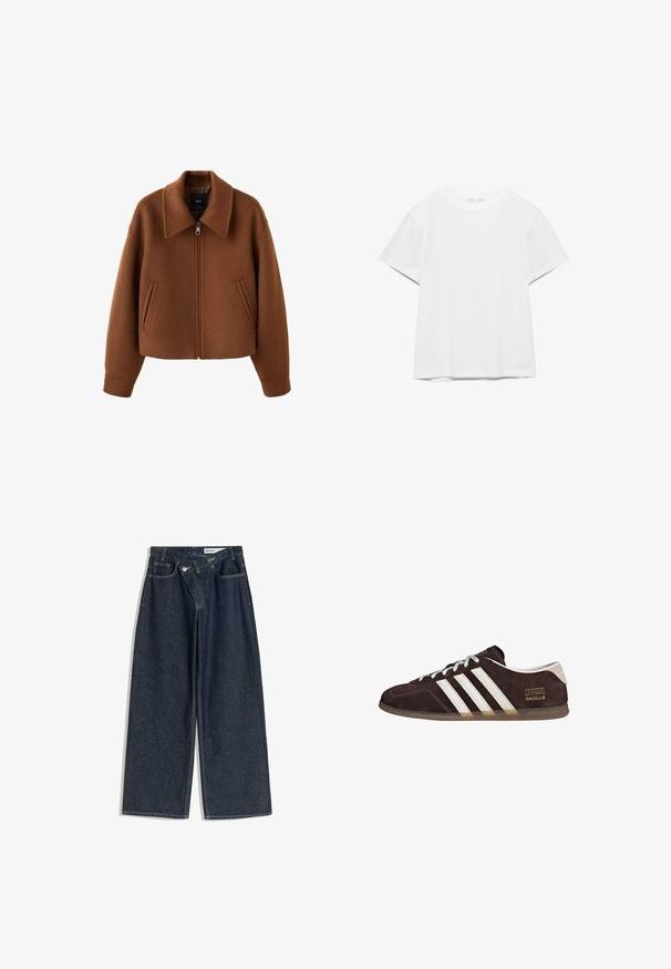 Brun uldjakke med lynlås, bred krave og to forlommer med slidser, afslappet pasform og lange ærmer.; Hvid, kortærmet T-shirt med rund hals og lige kant, vist på en hvid baggrund.; Vide mørk denimbukser med høj talje, der har kontrasterende syninger, forlommer og lynlås foran.; Brune ruskindssneakers med tre hvide striber, gummisål og tekstlabel med ordene "Gazelle" i guld. Snørebåndsdesign med grå snørebånd.