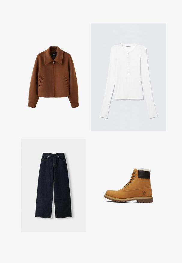 Bruine wollen jas met ritssluiting, brede kraag en twee voorzakken met verticale opening, losse pasvorm en lange mouwen.; Wit Henley-shirt met lange mouwen, een ronde hals en een verticale rij kleine knopen middenvoor.; Donkerblauwe denim wijduitlopende jeans met een hoge taille, vijf zakken, contrasterende stiksels en zilveren metalen hardware. Gladde textuur en een nette afwerking.; Tan leren enkellaars met een bruine verhoogde kraag, metalen oogjes en een gestructureerde, duurzame zool. Bevat een logo nabij de hak.