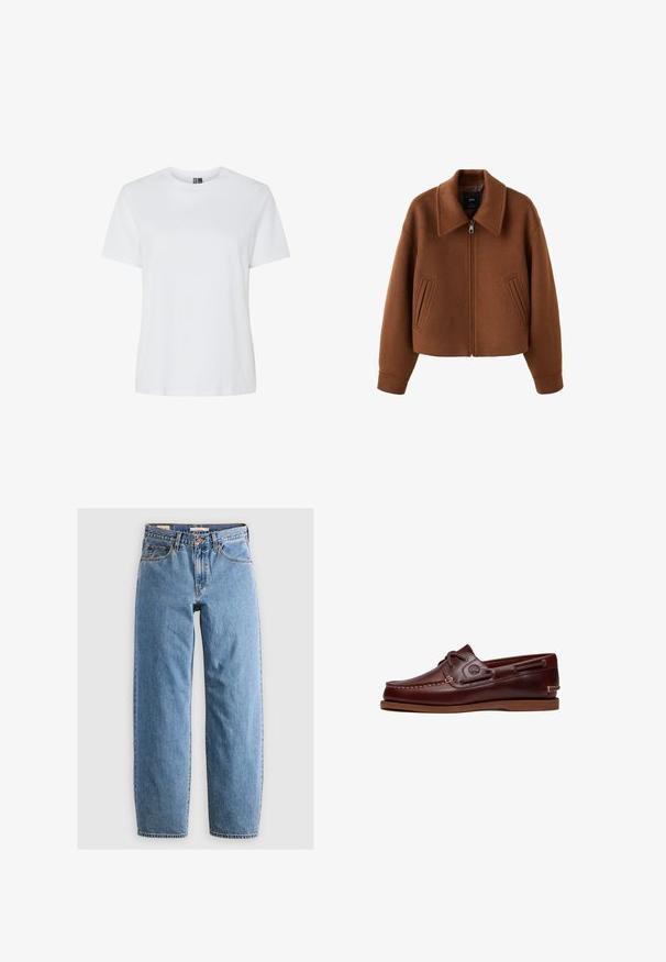 Chaqueta de lana marrón con cremallera, cuello ancho y dos bolsillos delanteros tipo ranura, corte holgado y mangas largas.; Camiseta blanca lisa de manga corta y cuello redondo, mostrada sobre un fondo blanco sin patrones ni logotipos visibles.; Jeans de mezclilla azul claro con un diseño de pierna recta, cinco bolsillos, cremallera y una textura sutilmente desgastada. Estilo clásico con un hardware mínimo.; Zapato náutico de cuero marrón con cordones, detalles de costura y logo de Timberland en el lateral, mostrado sobre un fondo blanco.