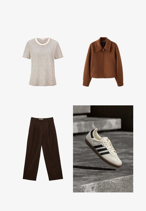 Chaqueta de lana marrón con cremallera, cuello ancho y dos bolsillos delanteros tipo ranura, corte holgado y mangas largas.; Camiseta de rayas en color crema con finas líneas negras horizontales. Mangas cortas, cuello redondo, textura suave, corte relajado.; Pantalones marrón oscuro de talle alto y pierna ancha con trabillas para cinturón y pliegues delanteros, diseñados para un ajuste relajado.; Zapatilla blanca Adidas Samba con franjas negras y suela de goma, flotando sobre escalones de hormigón gris texturizado.