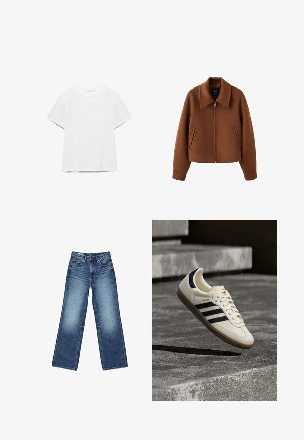 Veste zippée en laine marron avec large col et deux poches fendues sur le devant, coupe décontractée et manches longues.; T-shirt blanc uni à manches courtes et col rond, avec un ourlet droit, présenté sur un fond blanc.; Jean en denim bleu avec une taille haute, une fermeture à boutons et glissière à l'avant, des poches avant et arrière, et un lavage légèrement délavé.; Baskets blanches Adidas Samba avec des bandes noires et une semelle en gomme, flottant au-dessus de marches en béton gris texturé.