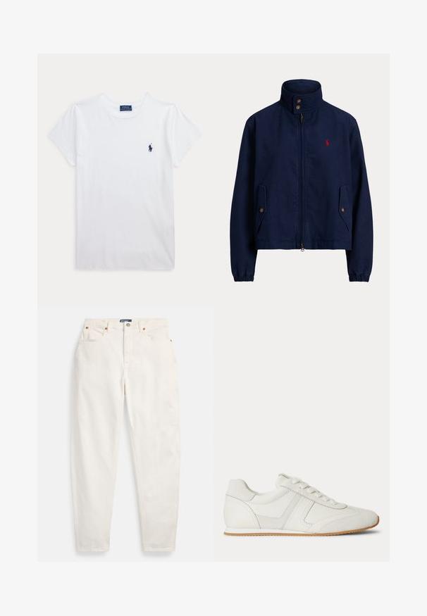 Marineblaue Jacke mit Reißverschluss, hohem Kragen, mit Knöpfen versehene Pattenstaschen, elastischen Bündchen und kleinem roten besticktem Logo auf der linken Brust.; Weißes T-Shirt mit kurzen Ärmeln und Rundhalsausschnitt mit kleinem dunkelblauem Polo Ralph Lauren Logo auf der linken Brust.; Weiße Jeans mit hoher Taille und geradem Bein, mit vorderem Knopf und Reißverschluss, Fünf-Taschen-Design und Polo-Markenlabel am Bund.; Weißer Sneaker mit niedrigem Schaft, Schnürung vorne, Velours- und Lederpaneelen sowie einer hellbraunen Gummisohle auf weißem Hintergrund.