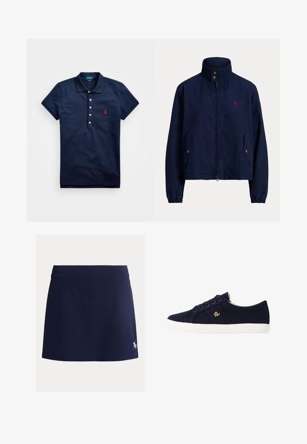 Chaqueta azul marino con cremallera, cuello alto, bolsillos con solapa y botón, puños elásticos y pequeño logo rojo bordado en el pecho izquierdo.; Polo de color azul marino hecho de algodón, con mangas cortas, tapeta de tres botones y un logo bordado en rojo en el lado izquierdo del pecho.; Skort azul marino confeccionado con tela elástica, que presenta una cintura ancha y un pequeño logo blanco de un caballo en el lado inferior izquierdo.; Lauren Ralph Lauren JANSON II CANVAS SNEAKER - Zapatillas - navy