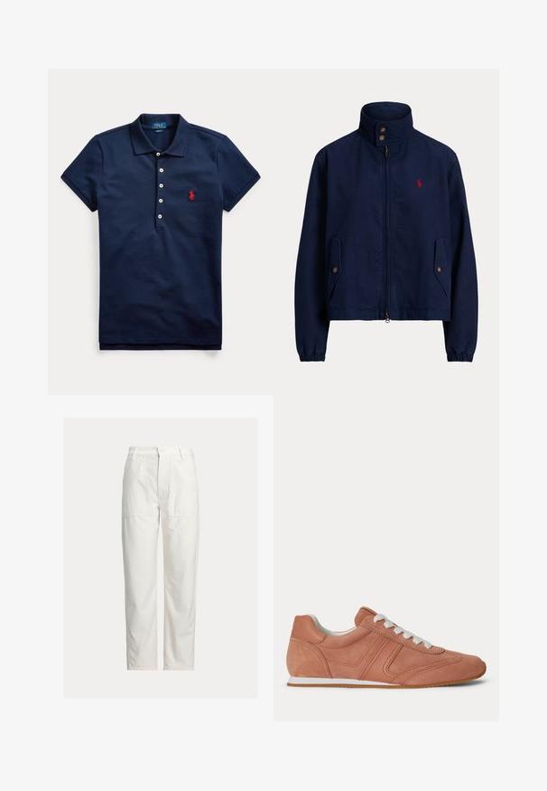 Chaqueta azul marino con cremallera, cuello alto, bolsillos con solapa y botón, puños elásticos y pequeño logo rojo bordado en el pecho izquierdo.; Polo azul marino de manga corta con cuatro botones blancos y logo bordado en rojo en el pecho, cuello doblado hacia abajo.; Pantalones blancos de pierna recta con grandes bolsillos parche delanteros, trabillas para cinturón y cierre con botón en la cintura.; Zapatilla de perfil bajo en rosa empolvado con cordones blancos, diseño cosido y suela fina blanca con suela exterior de goma marrón claro.