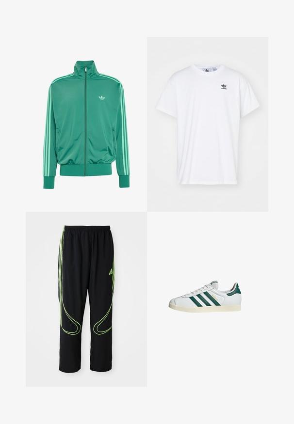 Chaqueta de chándal verde con cremallera, con tres rayas verde claro en las mangas, puños y bajo elásticos, y pequeño logo de Adidas en el pecho izquierdo.; Camiseta blanca de algodón con mangas cortas, escote redondo y un logo negro de Adidas con tres franjas en la zona del lado izquierdo del pecho.; Pantalones deportivos Adidas negros con líneas curvas en verde neón y tres franjas en los laterales, cinturilla elástica y logo de Adidas en el muslo delantero.; Deportiva blanca con diseño de tres rayas verdes, suela de goma texturizada, punta redonda y lengüeta perforada. Presenta la marca "Gazelle" en dorado.