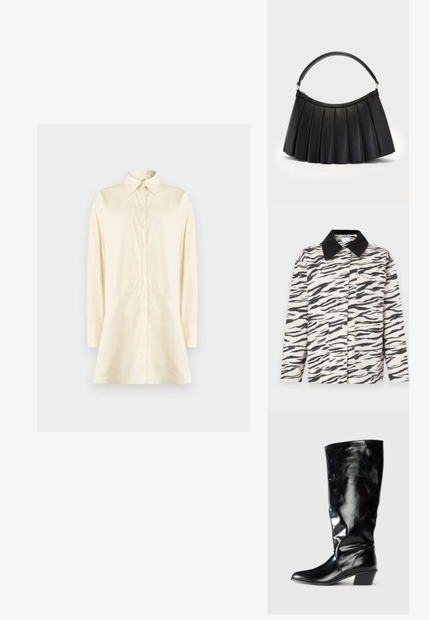 Veste à motif zèbre beige et noir, en tissu, avec un col, deux poches avant et une fermeture par boutons.; Chemise crème à boutons avec col pointu, manches longues et silhouette évasée ; fabriquée en tissu lisse, avec fermeture à boutons sur le devant.; Botte noire montée jusqu'au genou en cuir brillant, avec un bout pointu et un petit talon bloc, au design élégant et ajusté.; Sac noir plissé en simili cuir, avec une anse incurvée et une fermeture éclair sur le dessus. Texture lisse avec un design structuré.
