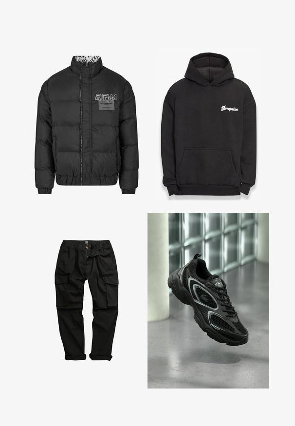 Chaqueta de plumas negra con alto cuello, puños acanalados y dobladillo elástico. Presenta un estampado de logotipo y un bolsillo de parche en la parte delantera. Interior forrado.; Sudadera con capucha negra hecha de material suave. Cuenta con un bolsillo frontal, puños acanalados y el logo blanco de "Dropsize" en el lado izquierdo del pecho.; Pantalones cargo negros fabricados en una mezcla de algodón. Presentan múltiples bolsillos, una cinturilla elástica y un diseño de pierna ligeramente ajustado.; Zapato deportivo negro con material de malla y sintético, suela texturizada, diseño elegante, detalles plateados y cierre de cordones al frente.