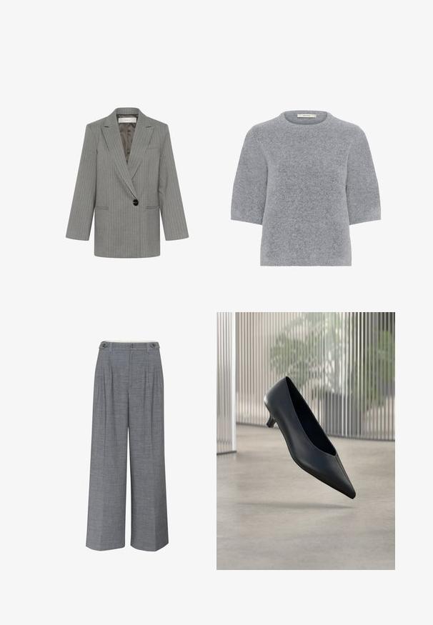 Blazer gris a rayas con un solo botón negro, solapas de muesca, dos bolsillos frontales y forro interior de satén.; Suéter de manga corta de color gris claro con cuello redondo, hecho de una tela suave y texturizada, con un ajuste relajado y puños acanalados.; Pantalones de pierna ancha gris, confeccionados en un tejido texturizado, con un cierre de doble botón y pliegues frontales que añaden un detalle de diseño adicional.; Zapato negro de tacón bajo y puntera puntiaguda que flota sobre un suelo de hormigón liso con paneles verticales translúcidos de fondo.