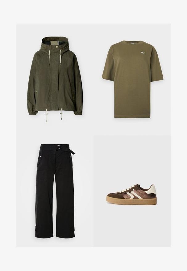 Grüne Kapuzenjacke mit Frontreißverschluss, verstellbaren Kordelzügen an Kapuze und Saum, elastischen Bündchen und Taschen mit Druckknöpfen.; Olivgrünes T-Shirt mit kurzen Ärmeln, Rundhalsausschnitt und kleinem weißen Adidas-Trefoil-Logo auf der linken Brust.; Schwarze, weit geschnittene Hosen mit einem Gürtel, mehreren Taschen und schrägen Nähten. Hergestellt aus strapazierfähigem Stoff mit einer glatten Textur.; Braune und cremefarbene Sneakers aus einer Kombination von Wildleder und Satin, mit drei diagonalen Streifen und einer strukturierten Gummisohle.