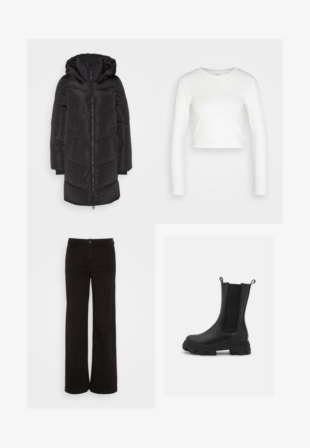 Vero Moda VMHALSEY - Talvemantel - black; GAP ULTRA CROP RIB TEE - Pikkade varrukatega topp - new off white; American Eagle BAGGY WIDE LEG - Wide leg - black wash; Mustad mustad Chelsea saapad, millel on nahast ja elastsetest kangast valmistatud ülaosa, silmapaistva mustriga paks kummitald ja tõmblauad mugavaks selga panemiseks.