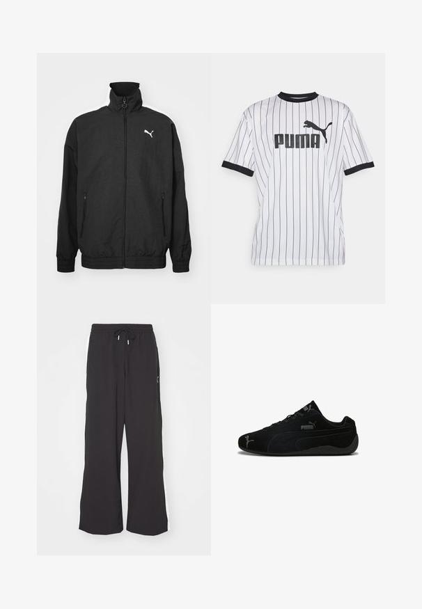 Sort zip-jakke med høj krave, elastiske manchetter, sidelommer og hvid Puma-logo på venstre bryst; glat stofstruktur.; Hvid trøje med sorte lodrette striber, sort krave og ærmer. Har et stort sort "PUMA" logo på forsiden med en puma-siluet.; Sorte sweatpants med vid benvidde, elastisk talje og snor. Har hvide sidestriber og to sidelommer. Glat overflade.; Sorte ruskindssportssko med lav profil. Har et struktureret design, sort gummisål og sølv Puma-logo akcenter.