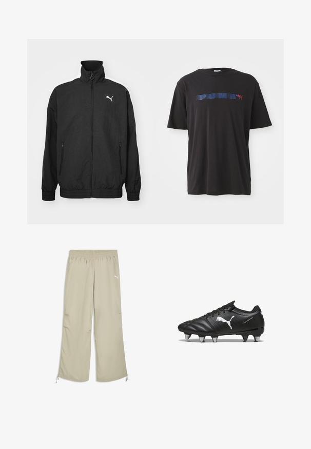 Veste zippée noire avec col montant, poignets élastiques, poches latérales et logo Puma blanc sur la poitrine gauche ; texture de tissu lisse.; T-shirt en coton noir avec une bande horizontale bleue portant le mot "PUMA" et un logo rouge d'un puma bondissant sur le devant. Manches courtes.; Pantalon de survêtement Puma avec taille élastique beige clair, poches latérales et cordons réglables aux poignets de la cheville.; Bottes de football noires avec un matériau texturé, logo Puma blanc, fermeture à lacets et crampons en métal pour l'adhérence. Le design met l'accent sur la performance et le soutien.