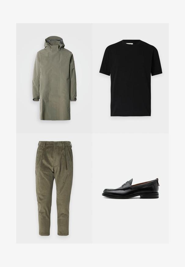 Impermeable abrigo de lluvia verde oliva con capucha, cierre a presión, dos bolsillos delanteros y puños ajustables. Acabado suave y mate, diseño simple.; Camiseta negra de manga corta hecha de algodón con un cuello redondo y un corte holgado. Textura suave, sin patrones ni logotipos visibles.; Pantalones de pana verde oliva con un corte relajado, que presentan pliegues, una cintura elástica y piernas entalladas. Tejido texturizado con costillas verticales.; Mocasín de hombre de piel negra con costura moc toe, tira penny, cuello texturizado y tacón bajo apilado sobre fondo blanco.