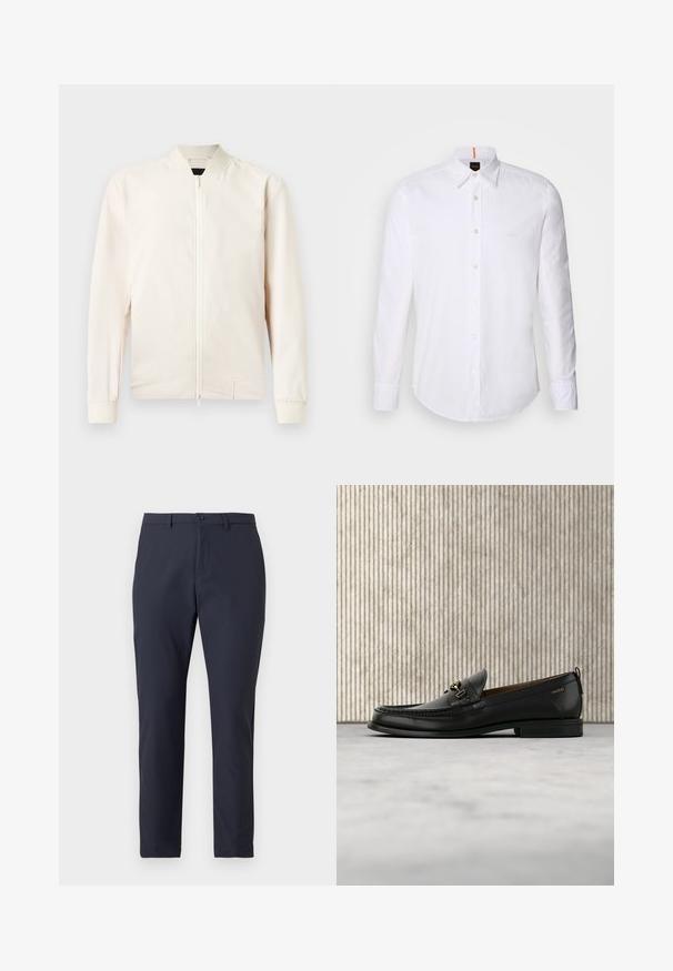Lys beige bomberjakke med lynlås foran, ribbestrikket krave og manchetter, lavet af glat, letvægtsstof. Har sidelommer og et minimalistisk design.; Hvid langærmet skjorte med knaplukning lavet af bomuld, med en klassisk krave, subtilt logo nær brystet og hvide knapper.; Mørkeblå letvægtsbukser med slankt design, der har knaplukning, bæltestropper og en glat tekstur. Skræddersyet pasform.; Sort læderloafers med guldfarvet metaldekoration og "HUGO" branding, vist mod en beige tæppe og brunt gennemsigtigt møbel.